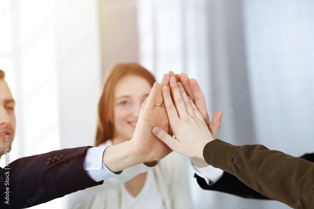 Business people group showing teamwork and joining hands or giving five in sunny office. Unknown businessman and women making circle with their hands Business people group showing teamwork and joining hands or giving five in sunny office. Unknown businessman and women making circle with their hands