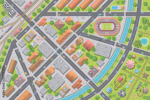 Vector illustration. City top view. Streets, houses, buildings, roads, crossroads, park, station, stadium, trees, cars. (view from above) 
