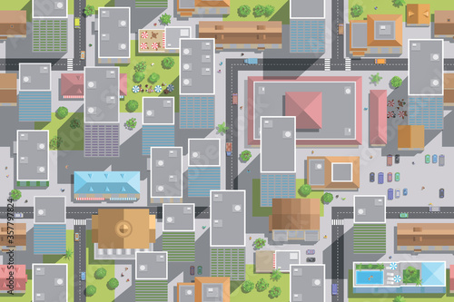Seamless pattern cityscape. (top view) 
The city with streets, houses, roads, cars. (view from above) 
