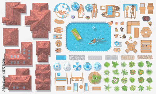Vector set. Houses, people, outdoor furniture. Top view.
People in different poses, furniture, swimming pool, paths, plants. View from above.