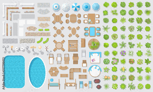 Vector set for landscape design. Outdoor furniture, architectural elements and plants. (top view) Fences, paths, lights, benches, tables, chairs, sun loungers, umbrellas, swings. (view from above)