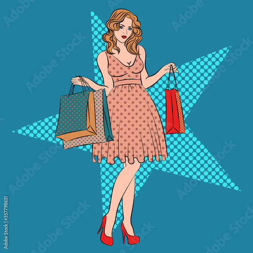 Old fashioned lady with the bags in vintage style. Pin up girl. Special offer advertising poster with Pop Art woman on it. Star. Illustration vector