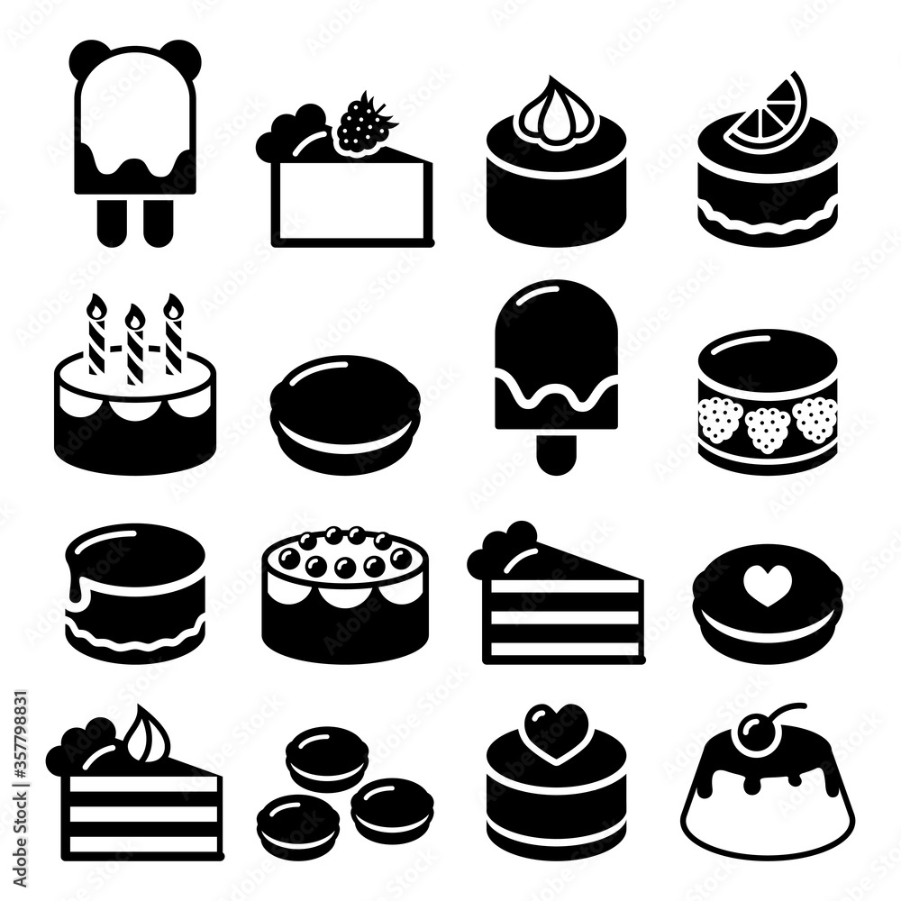 Dessert icons set - cake, macaroon, ice-cream, chocolate cake, cheesecake vector food icons 