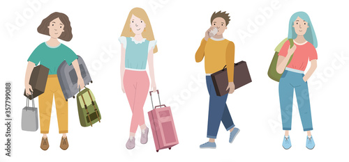 Group of young people travelling with luggage, backpacks, suitcases, bags. Set of tourists. Vector illustration isolated on white background. Flat cartoon colorful characters - girls and a boy.