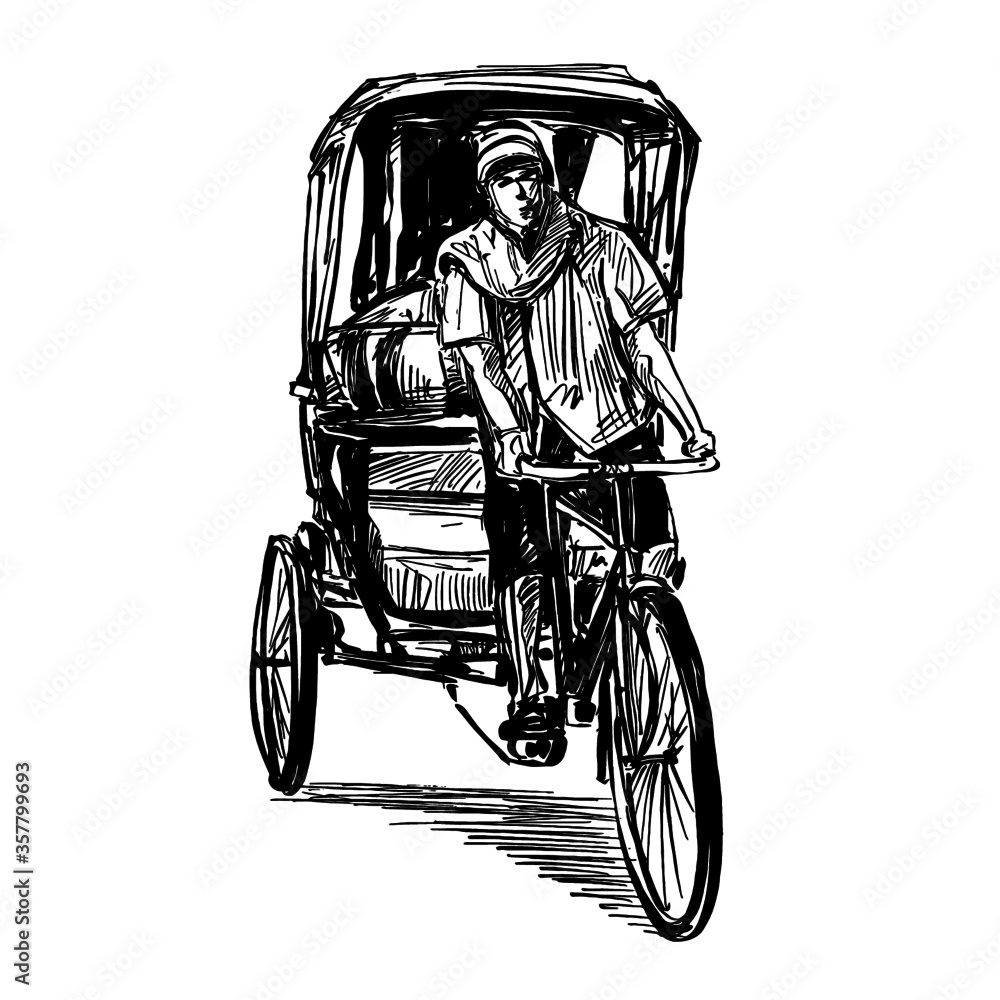 Drawing of tricycle riskshaw in India Drawing of tricycle riskshaw in India