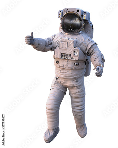 Photographie astronaut showing thumbs up during space walk, isolated on white background