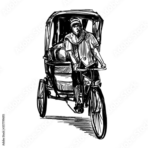 Drawing of tricycle riskshaw in India 