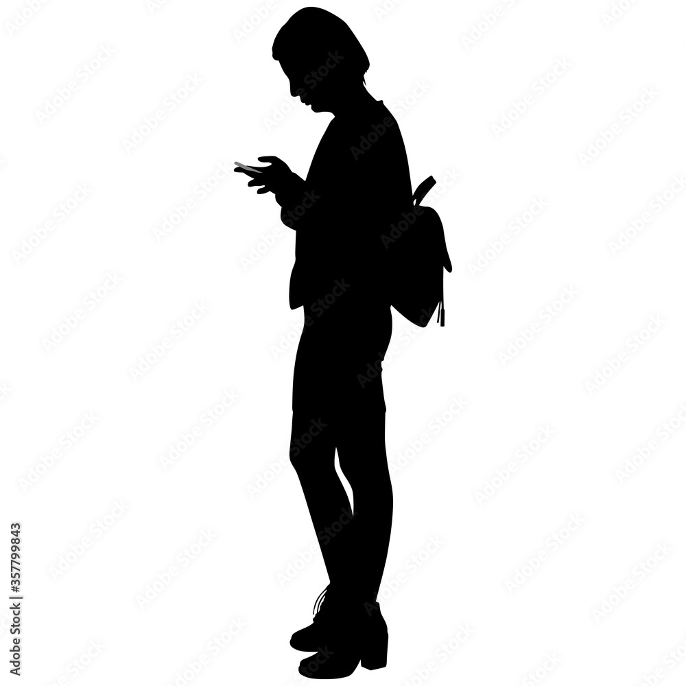 silhouette of girl with backpack and phone silhouette of girl with backpack and phone