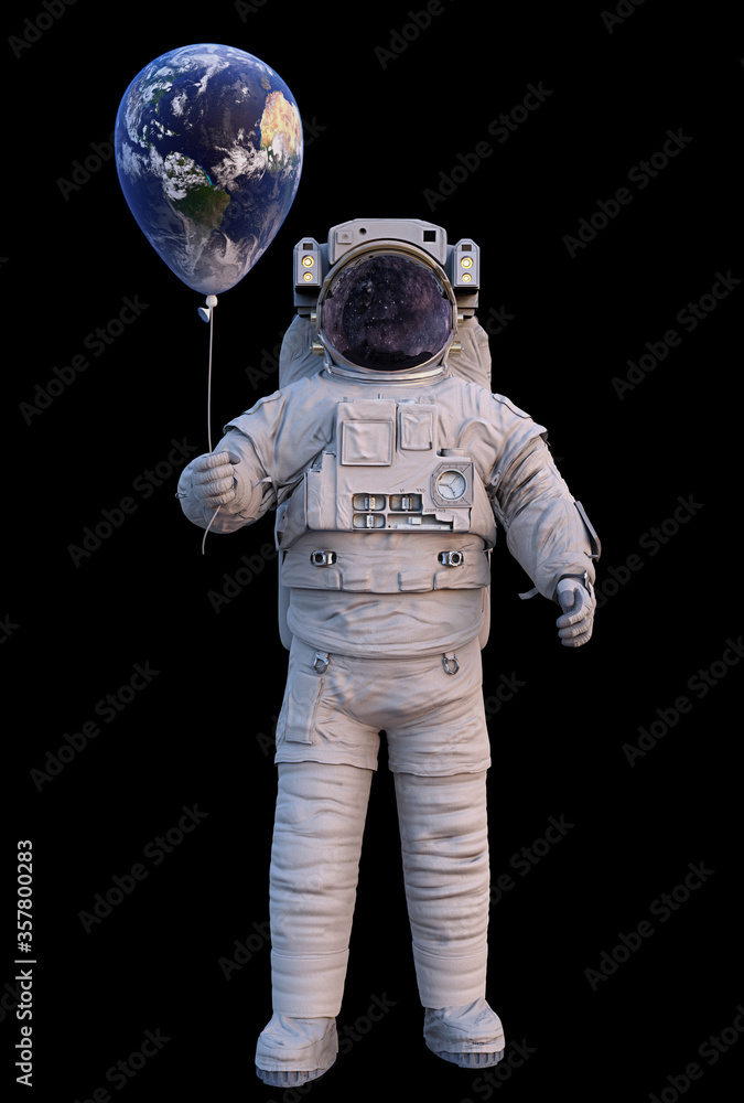 astronaut with planet Earth balloon isolated on black background