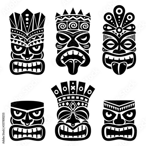 Hawaiian and Polynesia Tiki head totem vector design set- tribal folk art background