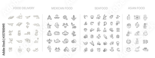 Vector icon and logo collection for asian, japan food seafood and mexican. Delivery food. Editable outline stroke size. Line flat contour, thin and linear design. Simple icons. Sign, symbol