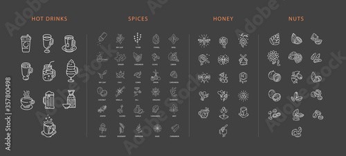 Vector icon and logo collection hot drinks, spices, nuts and honey . Editable outline stroke size. Line flat contour, thin and linear design. Simple icons. Sign, symbol