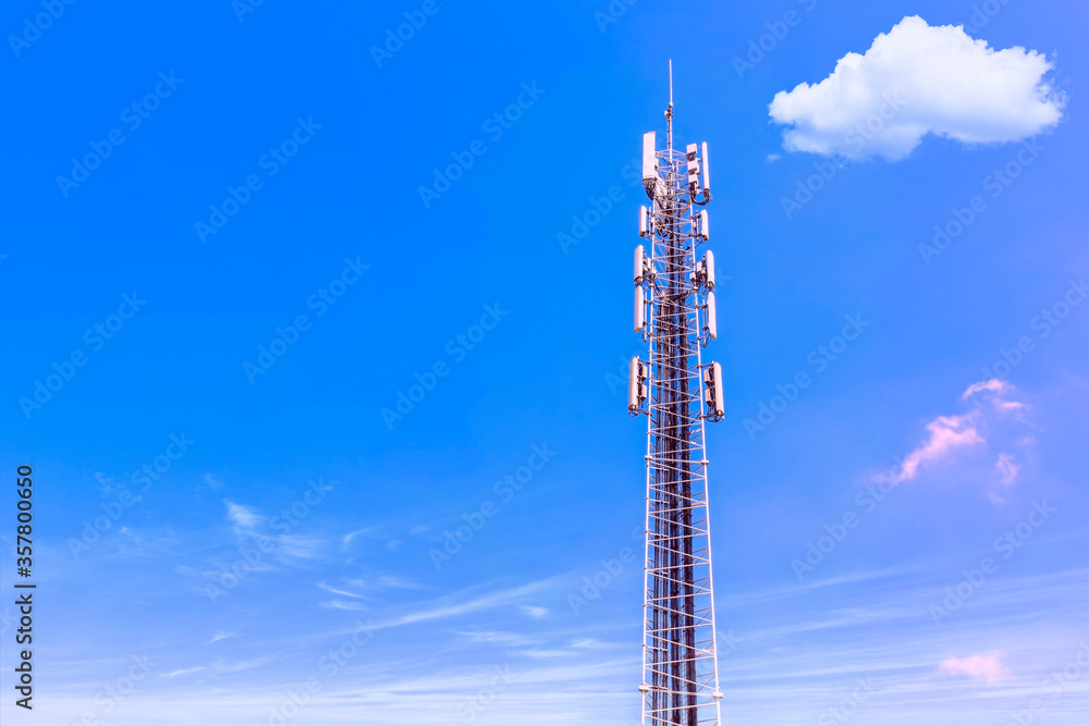 Telecommunication tower with 5G cellular network antenna. Cell Phone Signal tower on sky background.