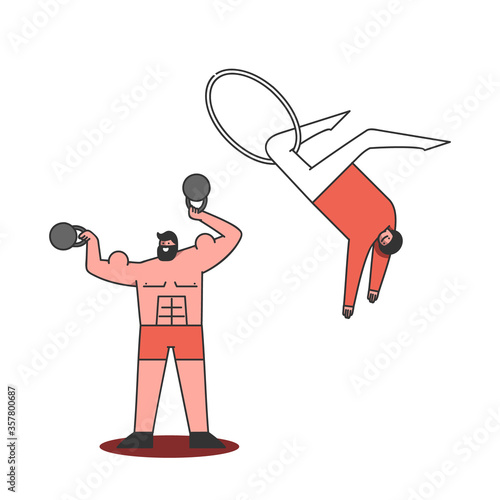Circus strong man and acrobat making tricks. Cartoon circus characters on white background