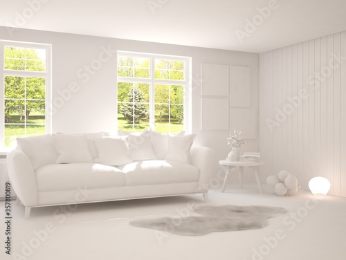 White living room with sofa and summer landscape in window. Scandinavian interior design. 3D illustration