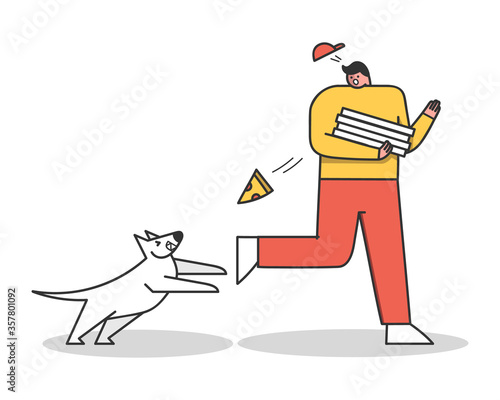 Angry dog attacking pizza delivery man. Aggressive dog barking on guy. Cartoon characters isolated