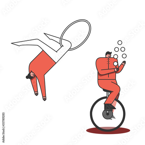Circus juggler and acrobat making tricks. Cartoon circus characters on white background