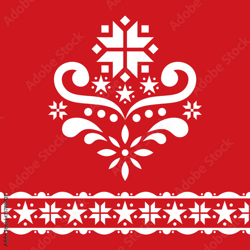 Scandinavian Chrirstmas folk art vector design set - single patterns collection, cute floral ornament with flowers and snowflakes in white on red background
