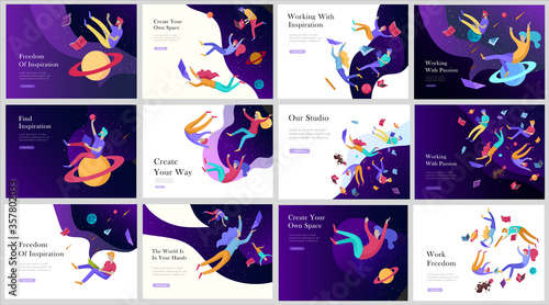 landing page templates set. Inspired People flying in space and reading books. Characters moving and floating in dreams, imagination and freedom inspiration. Flat design style