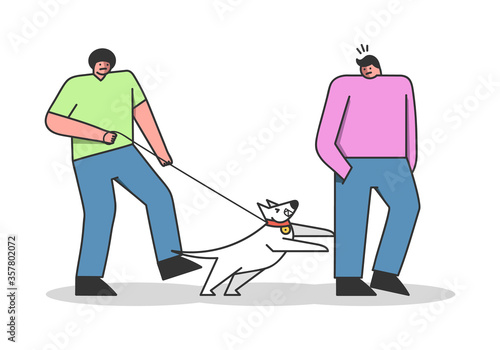 Dog attack man during walk with owner. Cartoon canine on leash barking and biting human