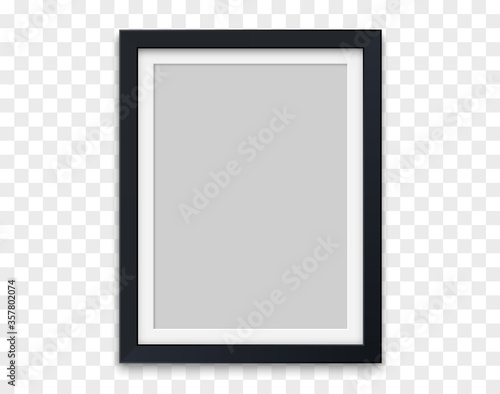 Realistic vertical picture frame black color isolated on transparent background. Vector illustration.