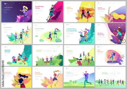 Landing page template with running man, play tennis, children riding bicycles, man doing yoga. People performing sports outdoor activities at park or Nature, healty life style. Cartoon