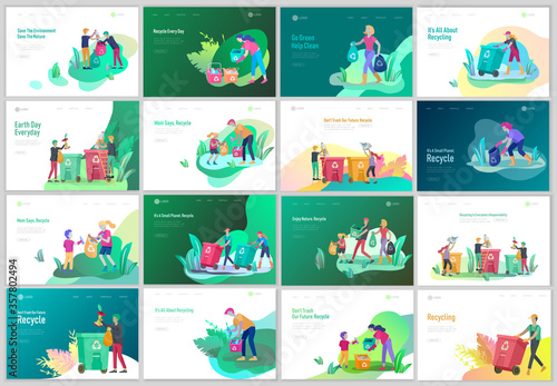 Landing page template with people Recycle Sort Garbage in different container for Separation to Reduce Environment Pollution. Family with kids collect garbage. Earth Day vector cartoon
