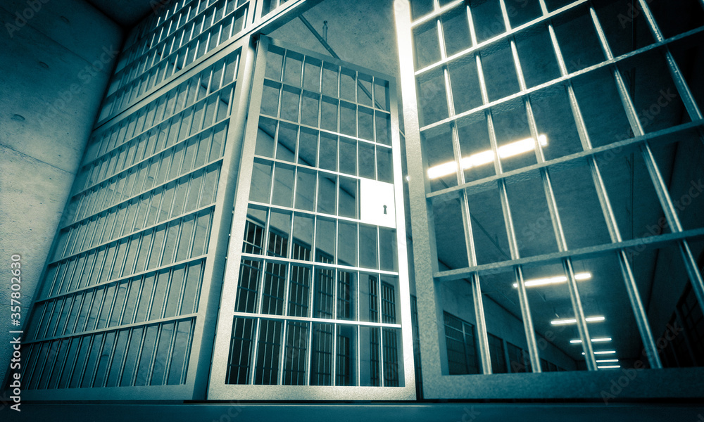 Obraz premium prison in penitentiary with bars and open door.