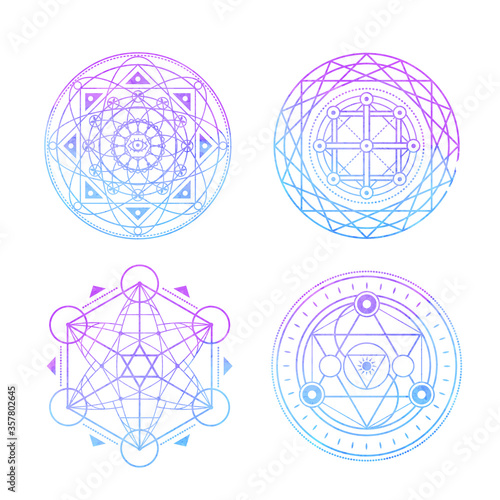 Sacred symbols on background of blue-violet watercolor. Vector
