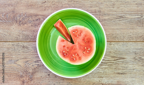 small ripe cut watermelon on a green plate on a wooden tabletop