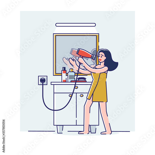 Woman singing in hair dryer. Happy cartoon girl in towel positive and cheerful after having bath