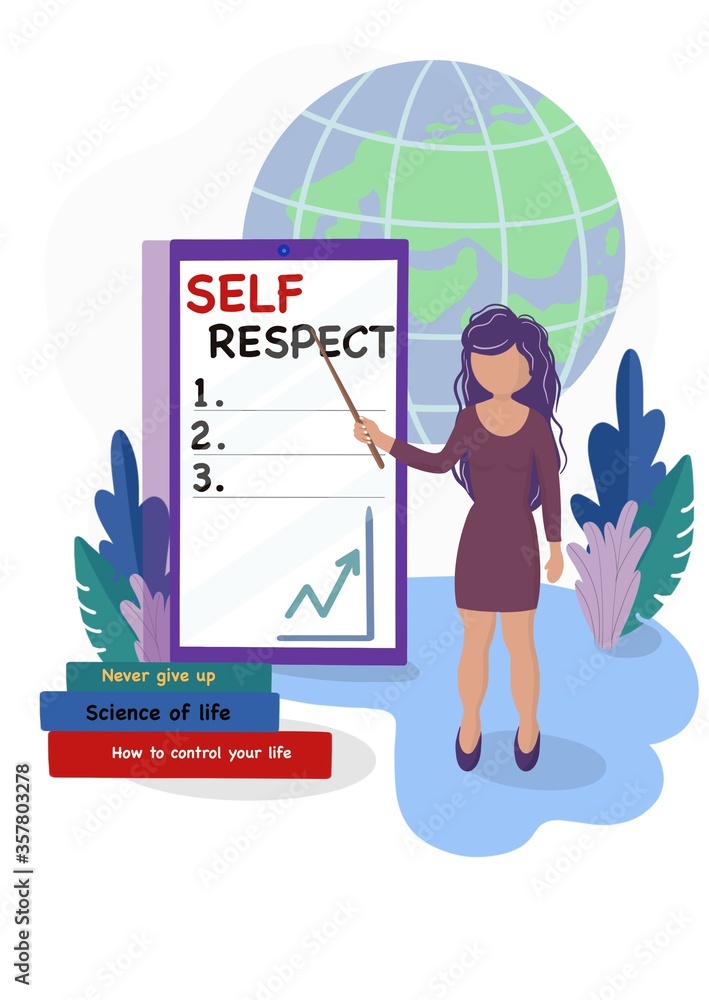 A nice successful girl pointing out on a smartphone to some points how to respect yourself. Nearby some books are laying that can help you to be sure in yourself and successful in your life. A nice successful girl pointing out on a smartphone to some points how to respect yourself. Nearby some books are laying that can help you to be sure in yourself and successful in your life.