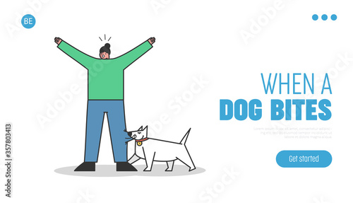 Landing page with mad dog biting woman. Aggressive watchdog attacking human