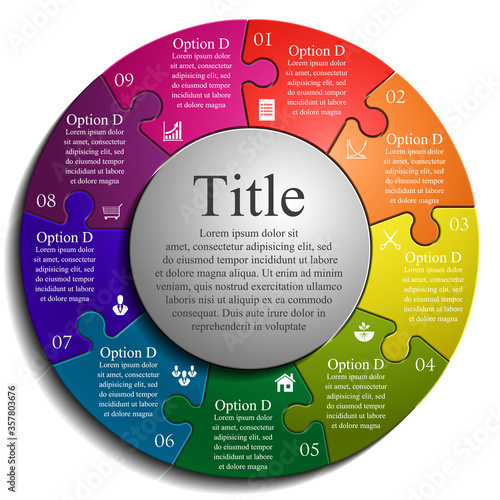 Nine sided 3d puzzle presentation infographic template with explanatory text field for business statistics