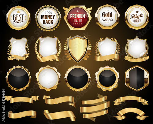 Golden badges labels shields and laurel wreaths collection 