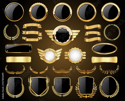 Golden badges labels shields and laurel wreaths collection 
