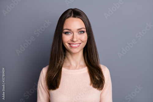 Closeup photo of stunning attractive business lady groomed straight hairdo toothy beaming smiling good mood wear casual beige pullover isolated grey color background
