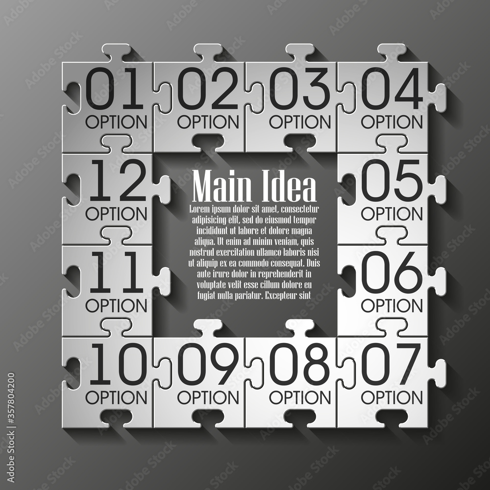 TWELVE sided 3d puzzle presentation infographic template with explanatory text field for business statistics