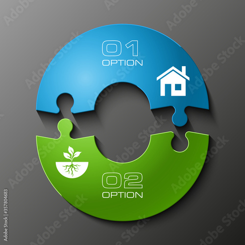 Double puzzle presentation infographic template with explanatory text field for business statistics