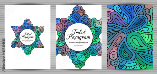 Doodle style hexagram corporate identity templates set . Colorful zentangle jewish design. Ethnic tribal flyer and document mockups.