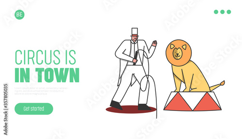 Circus carnival event landing page or poster design with lion and tamer man performing