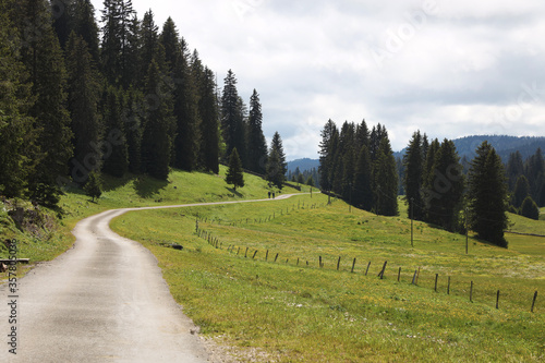 A couple walk on a road of the swiss Jura