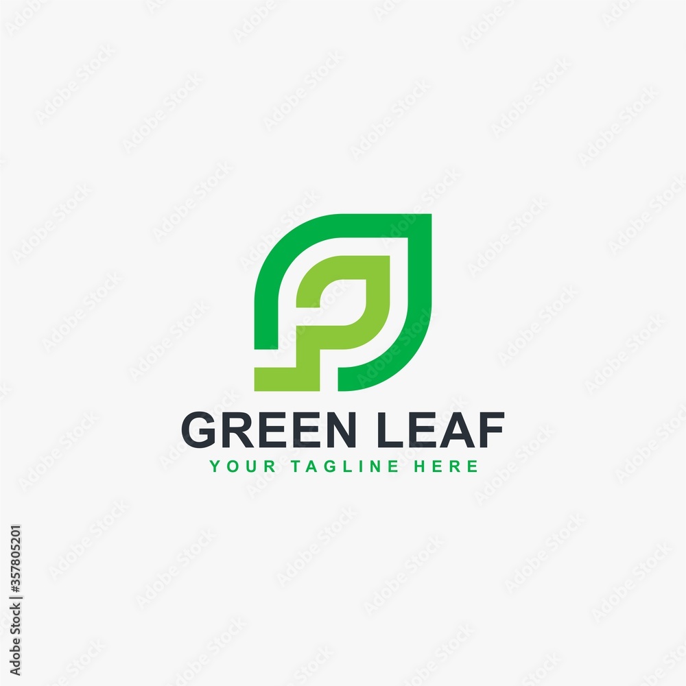 Green leaf line logo design vector. Leaf and monogram P abstract symbol.