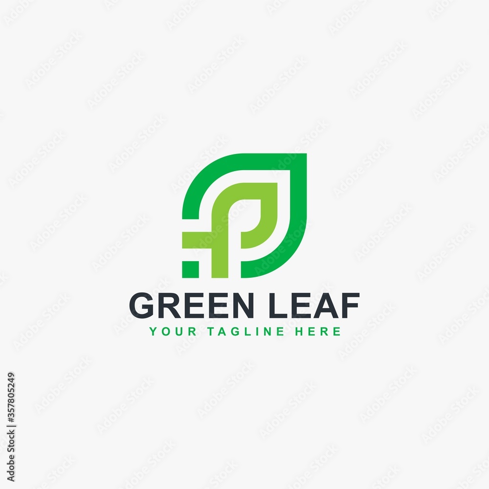 Green leaf line logo design vector. Leaf and monogram P abstract symbol.