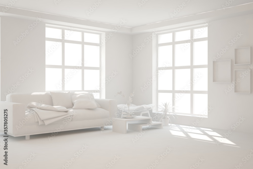 White minimalist living room with sofa. Scandinavian interior design. 3D illustration White minimalist living room with sofa. Scandinavian interior design. 3D illustration
