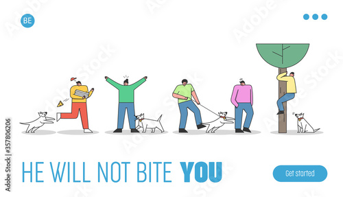 Dogs attacking people barking and biting. Control or pet dog handler landing page template