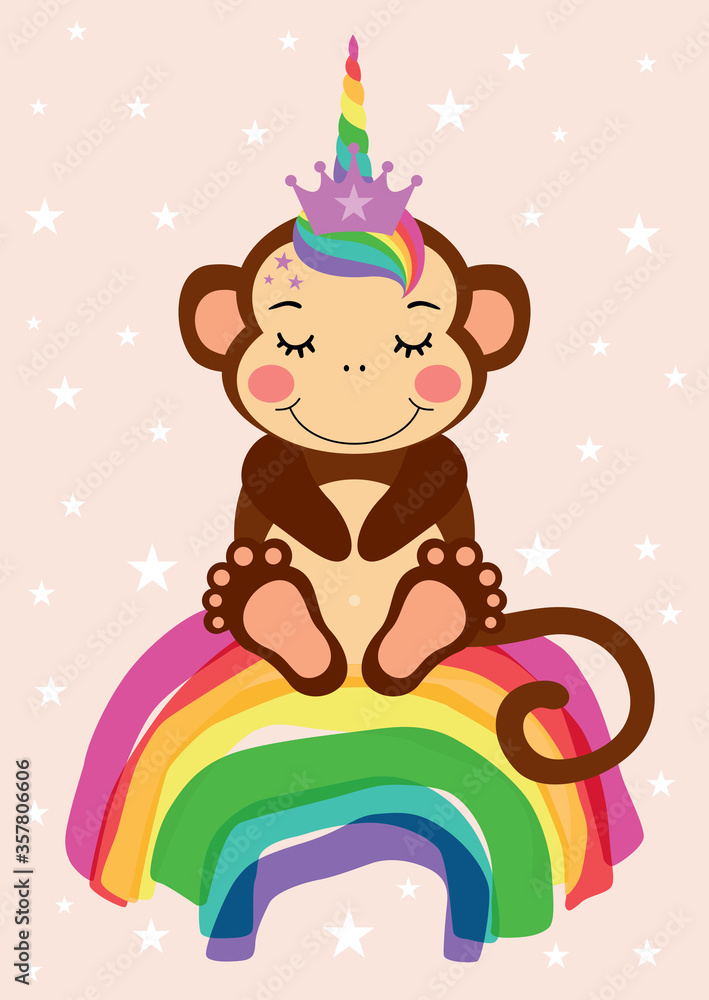 Greeting card with cute unicorn monkey sitting on rainbow
