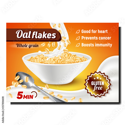 Oat Flakes Creative Promotional Banner Vector. Whole Grain Oat Flakes In Bowl, Milk Splash And Spoon Kitchen Ware On Advertising Marketing Poster. Colored Concept Layout Illustration
