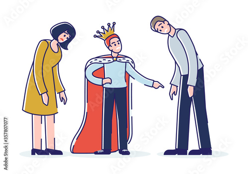 Spoiled child with tired parents. Egoist son wearing crown screaming at mother and father