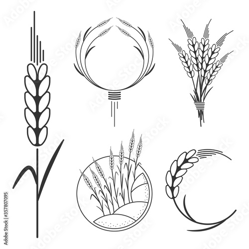 Wheat, barley and rice wreath vector black icons set isolated on a white background.